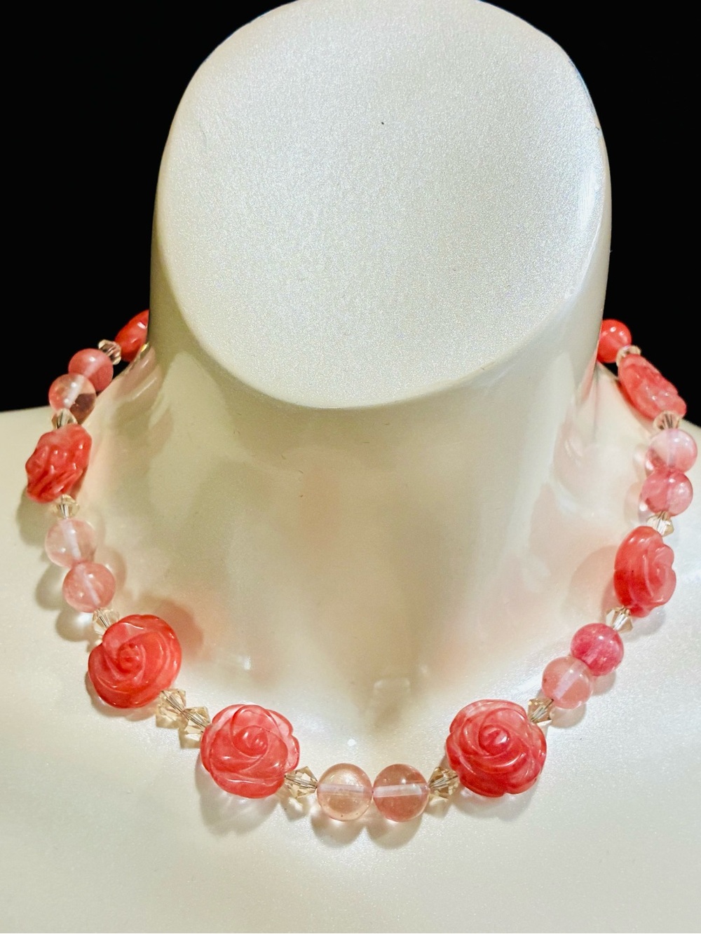 Handcrafted Carved Pink Rose Quartz Bead Choker Necklace 925 Glass and Crystal